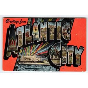 Greeting From Atlantic City New Jersey Large Letter Linen Postcard Lucy Elephant
